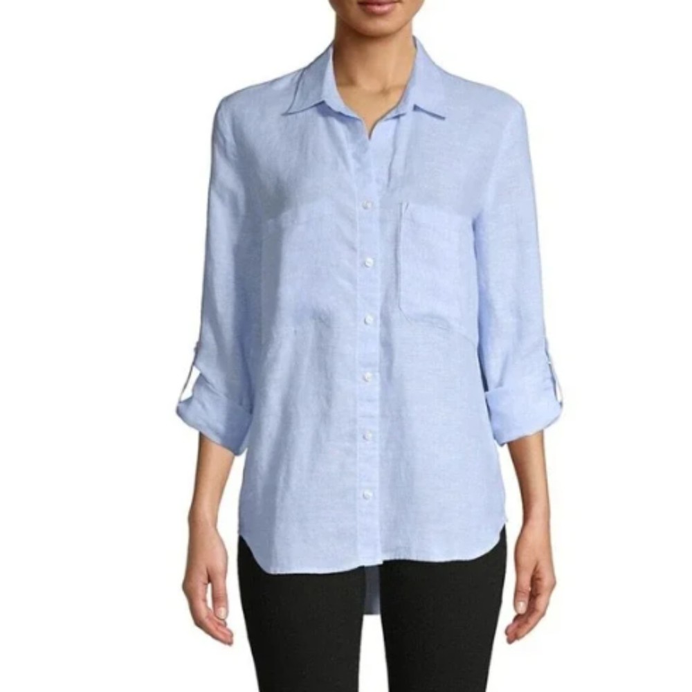 PURE NAVY 100% Linen 3/4 Roll Up Tab Button Hi-Low Shirt S